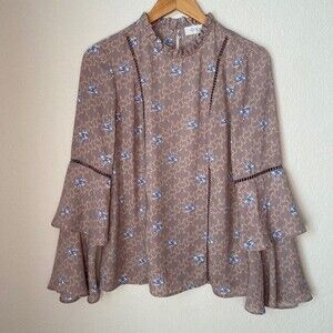WAYF Brown & Blue Floral Bell Sleeve Bohemian Crochet Blouse - Size Small - EUC